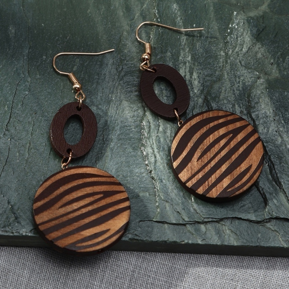 *ANIERA* Dark Brown Simple Round Zebra Print Wooden Fashion Earrings
